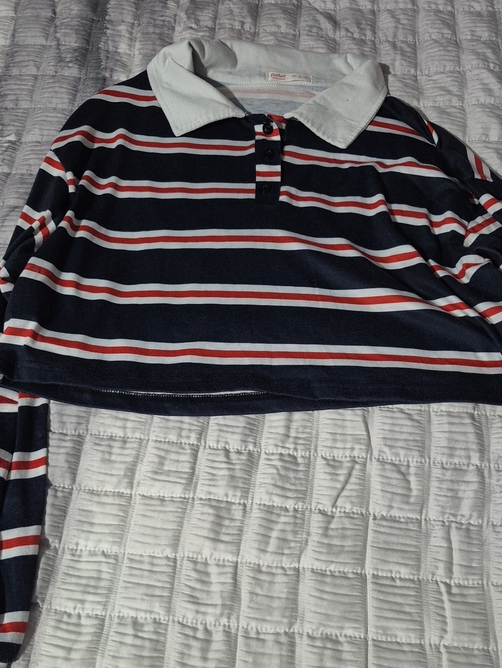 ROMWE Navy Stripe Polo Crop Top with White Collar and Red Accents